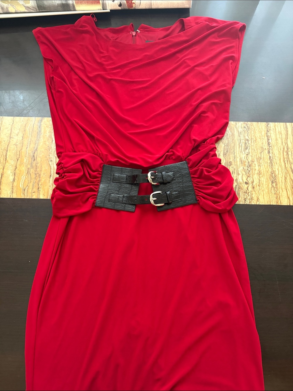Alfani Red Ruched Sheath Dress with Black Buckle Waist Belt